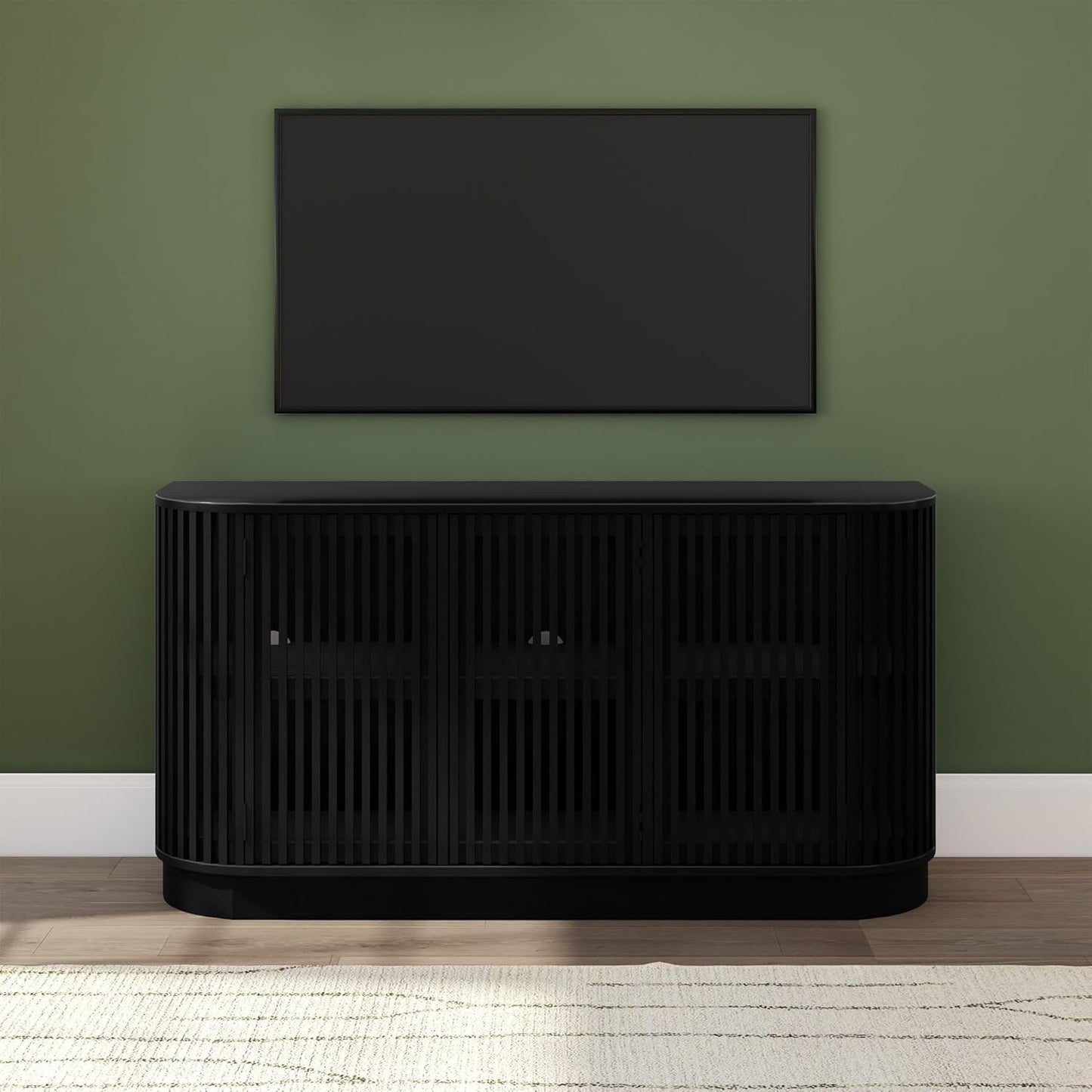 Plank+Beam Contour Wood TV Stand, Three Door Solid Wood Entertainment Console with Storage, 59" L x 16" W x 30" H, Black
