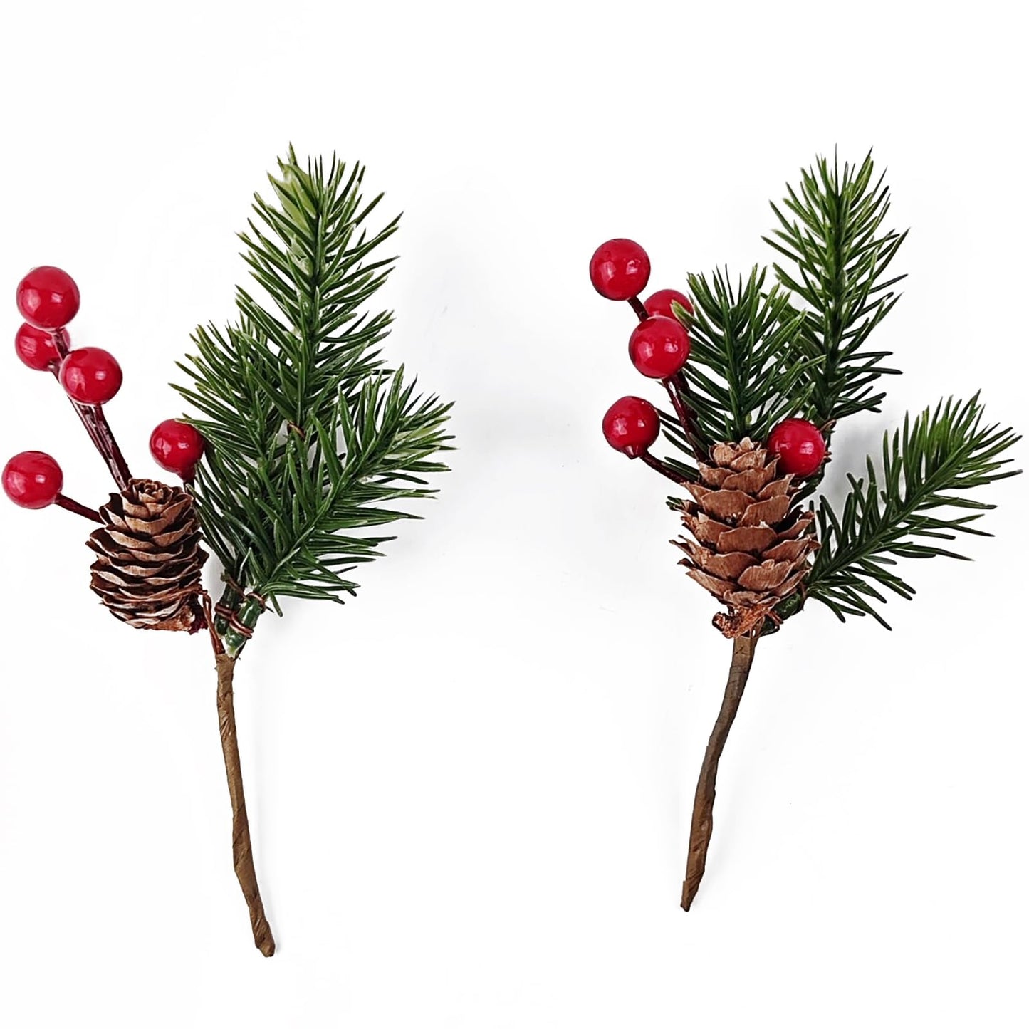 RONYOUNG 20PCS 5.7inch Christmas Berries Red Stems Pine Branches, Christmas Picks Artificial Pine Cones Holly Stem Craft Winter Holiday Floral Picks for Décor DIY Xmas Garland Wreath Ornament