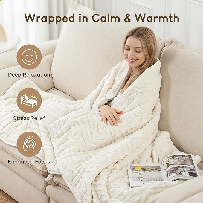 Cottonblue Jacquard Weighted Blanket for Adults 20 lbs Queen Size, Soft Fluffy Sherpa Fleece Weighted Throw Blankets 60" x 80" for Sleep Relax, Fuzzy Warm Arch Heavy Blanket for Bed Couch, Cream White