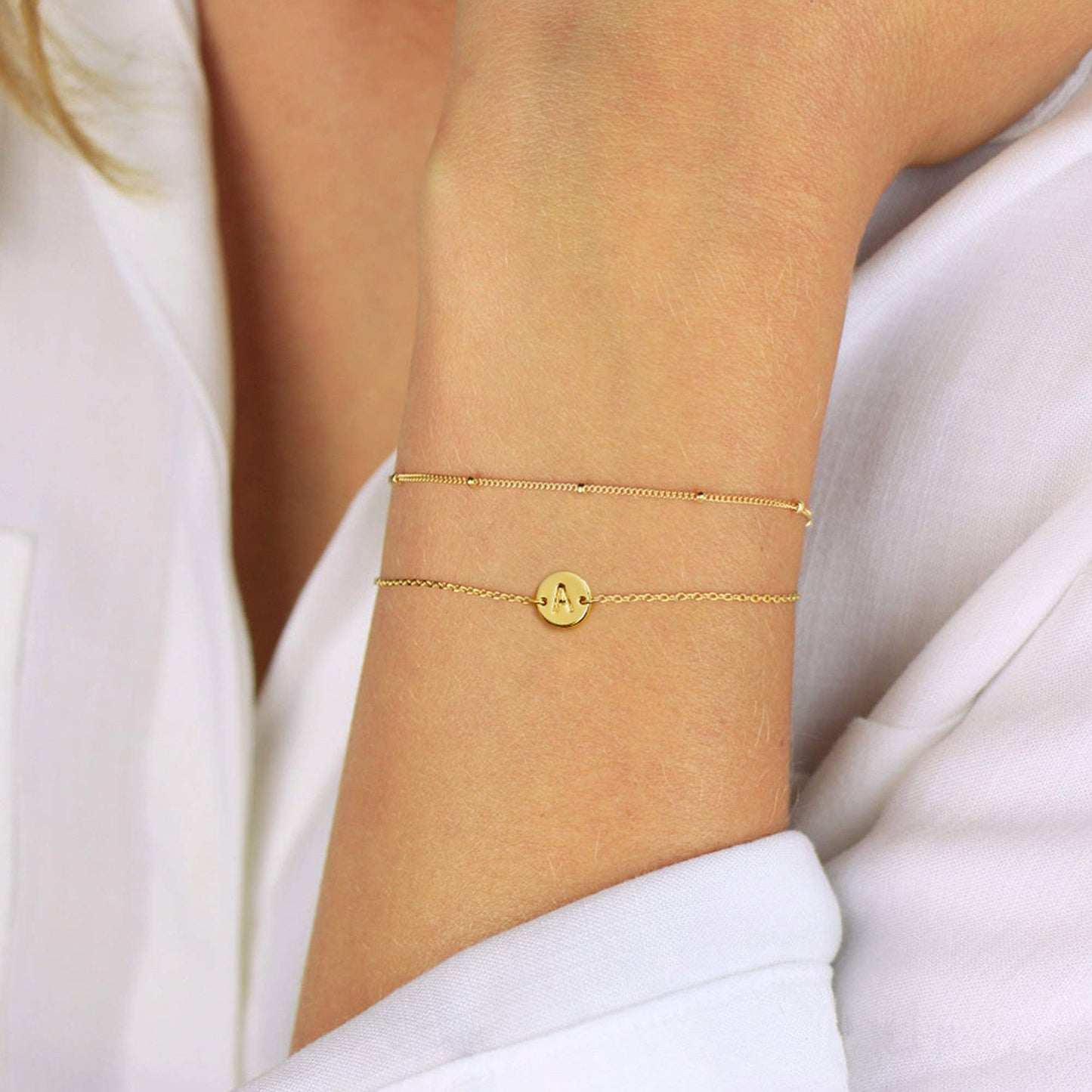 MONOZO Gold Initial Bracelets for Women Jewelry Gifts Trendy, Dainty 14K Gold Plated Layered Beaded M Letter Initial Bracelet Personalized Disc Monogram Charm Bracelets for Women Her Birthday Gifts
