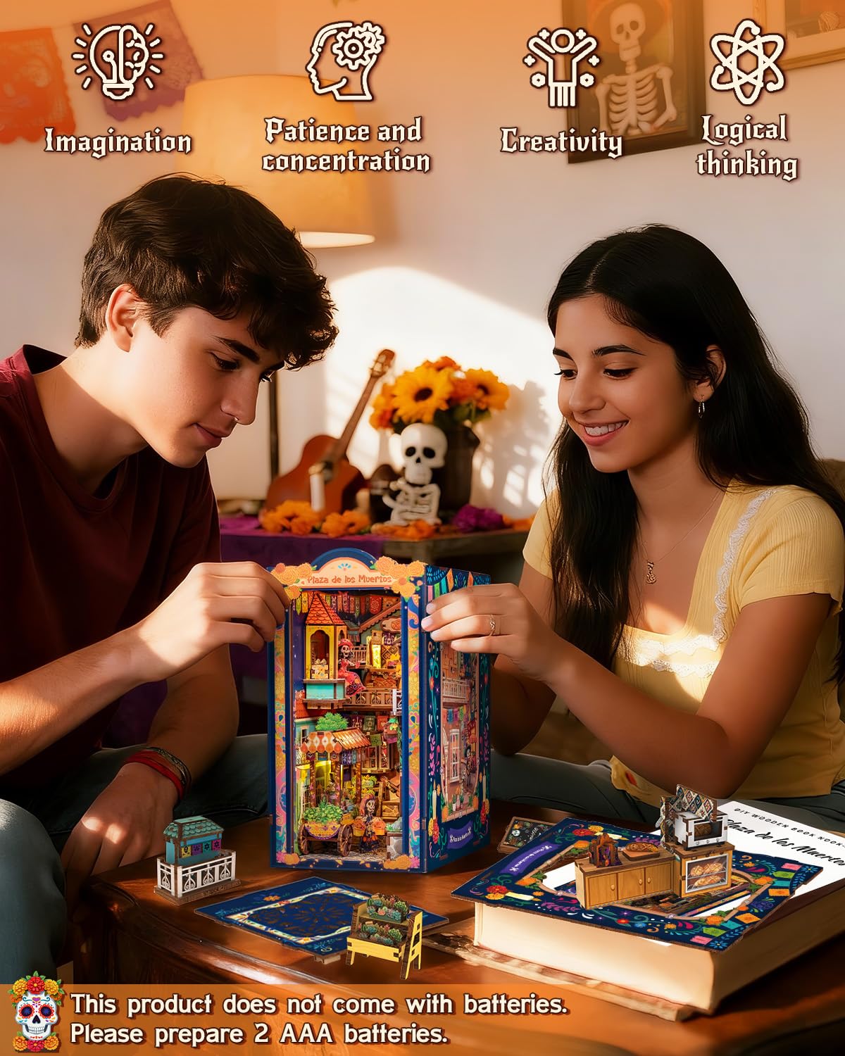 CUTEBEE Book Nook Kit - Mexican Fiesta DIY Miniature Dollhouse, Vibrant LED Bookshelf Decor Alley Model for Adults Teens, Gifts for Family and Friends（Plaza de Los Muertos）