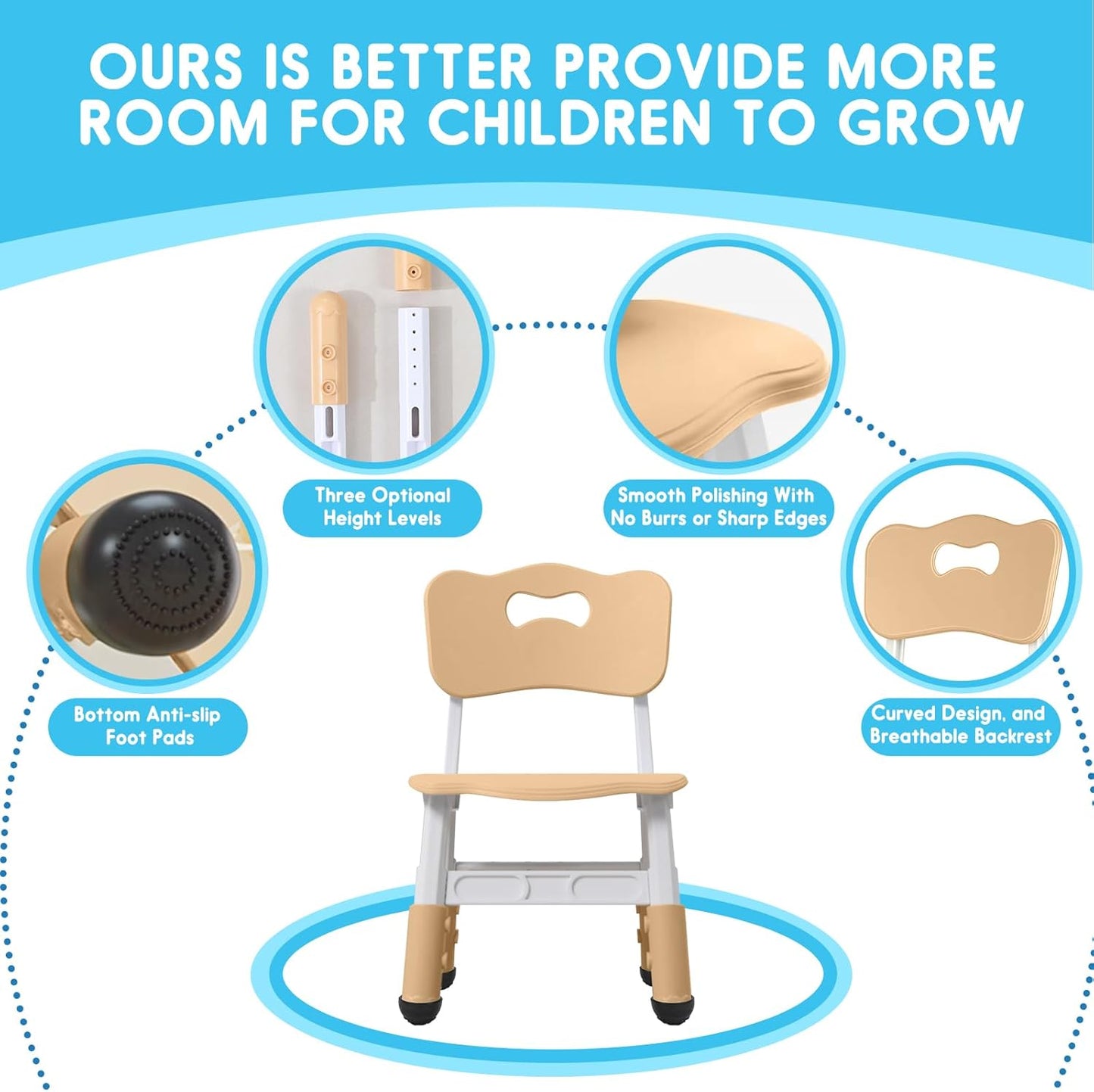 Kids Height Adjustable Toddler Chair Max Load 220LBS Plastic Indoor Outdoor for Children Age 1-6 School Home Daycare Use Burlywood