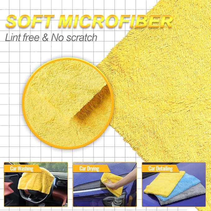 Micro Fiber Towels Car，Coral Fleece Car Wash Cleaning Towel,Endless,Absorbent, Scratch Free,No Lint, Extra Soft,Reusable and Durable,Interior Microfiber Rags 16in x 16in-6 Packs Yellow