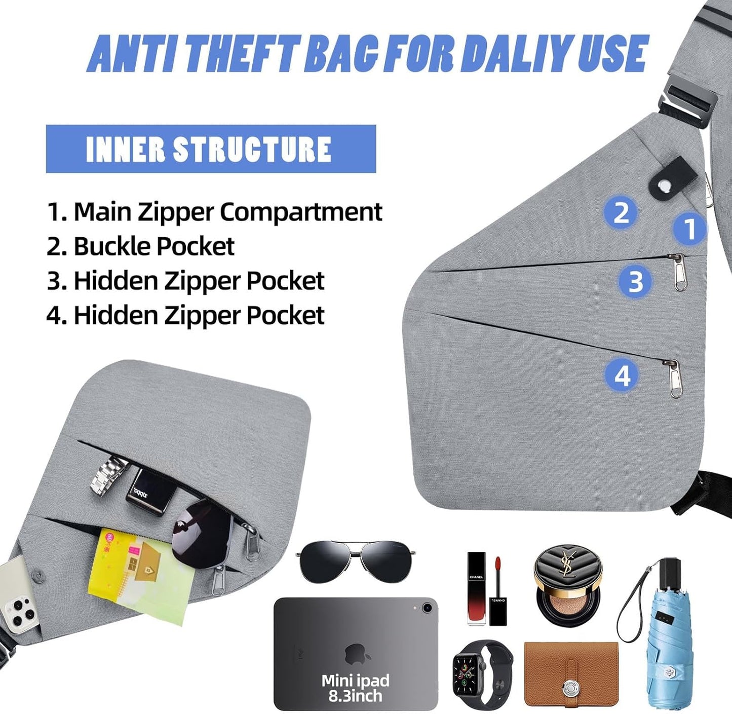 Anti Theft Crossbody Bag,Anti Theft Travel Bag for Women Men,Sling Crossbody Bag for Travel, Sport, Work