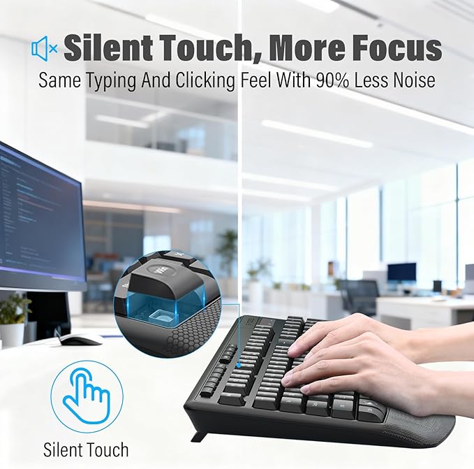 Wireless Keyboard and Mouse Combo,Silent Soft Touch Quiet Keyboard Less Noise 90%,Ergonomic with Wrist Rest,2.4GHz 104 Keys Full Size,2400 DPI Mouse,for PC Computer/Laptop/Mac Air/Mini/Pro