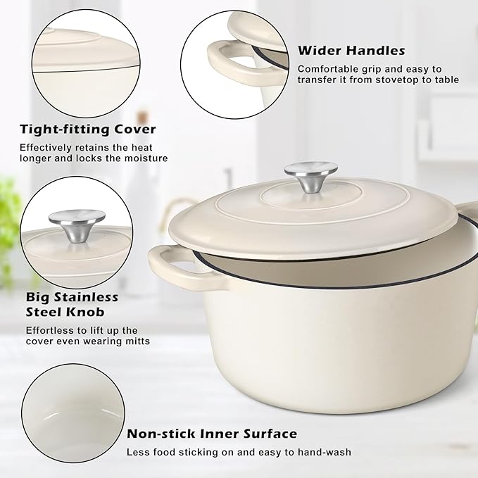 TeamFar Enameled Cast Iron Dutch Oven, 7qt Dutch Oven Pot Nonstick Cookware with Lid & Dual Handles for Bread Baking, Cooking, Oven Safe up to 500℉ & Various Stovetops, Healthy & Heavy Duty - White