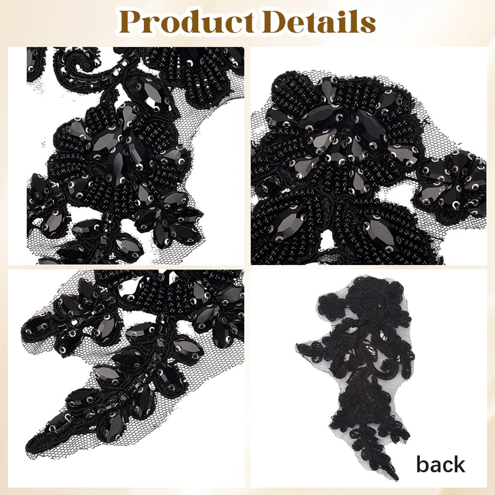 CABODYALS 2Pcs Black Floral Rhinestone Applique Handmade 3D Flower Pearl Beaded Lace Trim Appliques Crystal Bead Embroidery Sew on Tulle Pathes for Sewing Making Dresses Bridal Wedding Gowns Clothes
