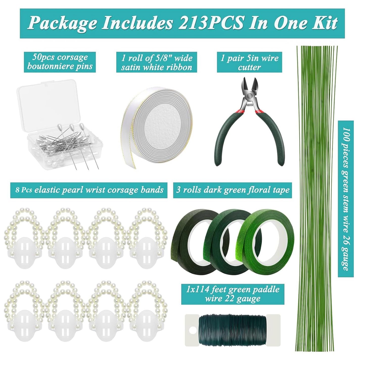 JDRGJTH 164 PCS Floral Wire Arrangement Tools Kit with 26 Gauge Stem Wire Floral Tape Corsage Pin Floral Wire Cutter White Ribbon Pearl Wrist for DIY Wrist Corsages Wreath Making