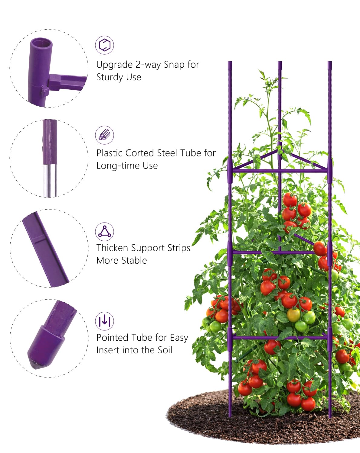 Growsun 51 inch Tomato Cage Heavy-Duty Plant Support Cucumber & Vine Vegetables – Adjustable Purple Metal Garden Trellis for Climbing Plants, Indoor & Outdoor Use, 6 Pack