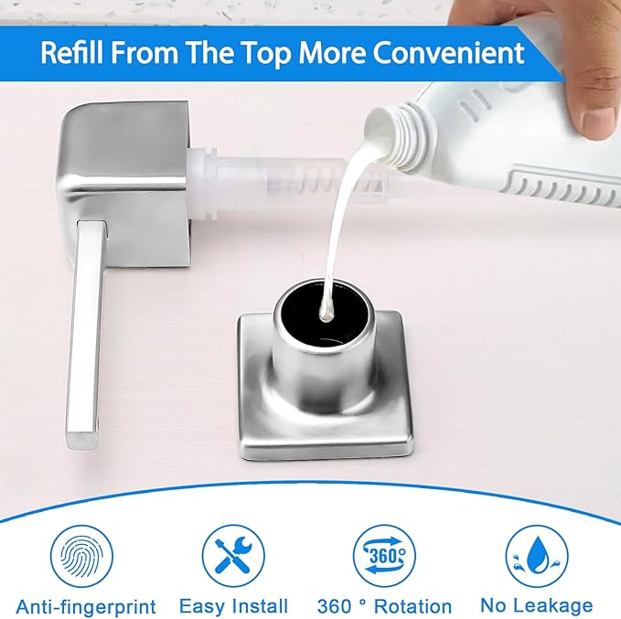 Built in Dish Soap Dispenser for Kitchen Sink, Lotion Dispenser Refill from The Top with Stainless Steel Pump Head 17 OZ Bottle Built in Countertop Under Sink, Brushed Nickel
