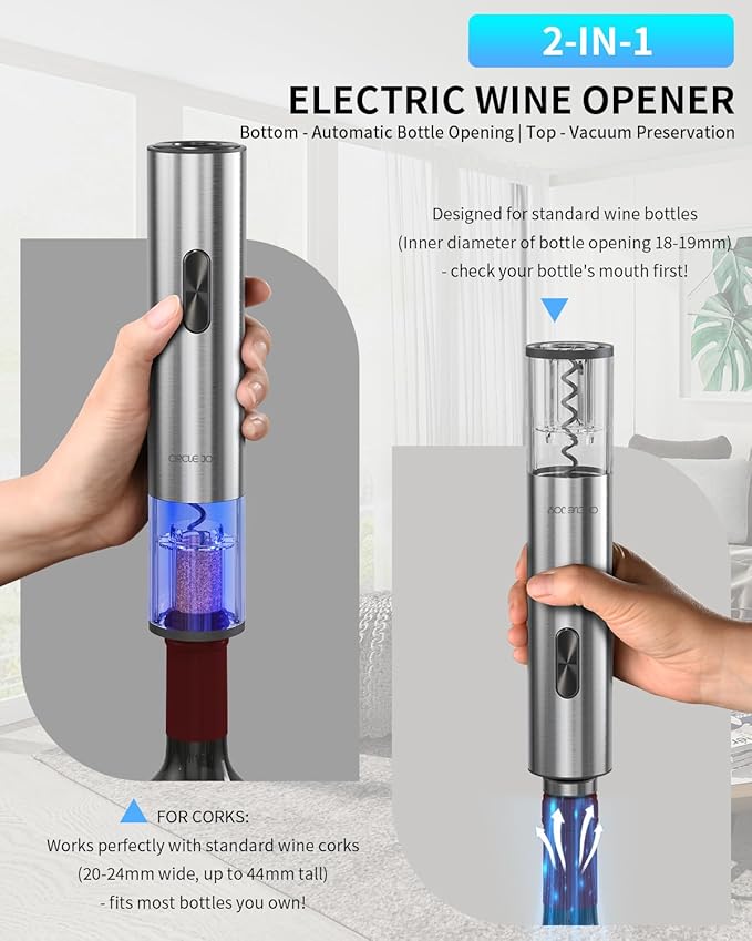 CIRCLE JOY Electric Wine Opener 7-in-1 Stainless Steel Rechargeable Electric Wine Bottle Opener Gift Set with Automatic Vacuum Pump, Foil Cutter, Wine Pourer, 2 Vacuum Stoppers & Charging Station
