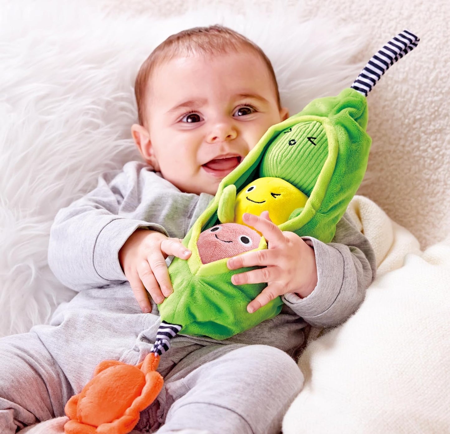 Hape Pea Pod Pals Sensory Baby Toy - 3 Textured Plush Peas with Sounds, Crinkle & Rattle, Stroller & Car Seat Travel Toy for Fine Motor Skills, Multi-Sensory Development for Babies 6 Months+