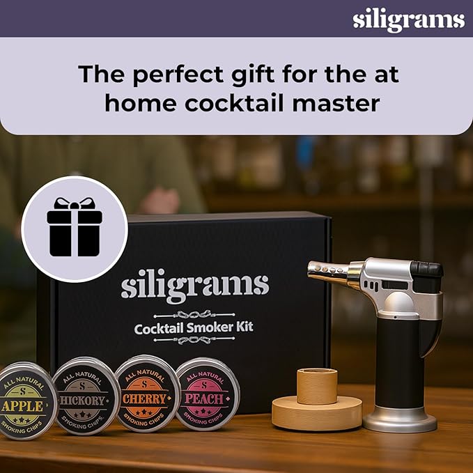 Siligrams Cocktail Smoker Set | Premium Bourbon Smoker Kit for Whiskey, Old Fashioned, and Cocktails | Includes Butane Torch (Butane Not Included) & Wood Chips | Smoker Drink Kit & Smoke Whiskey Kit