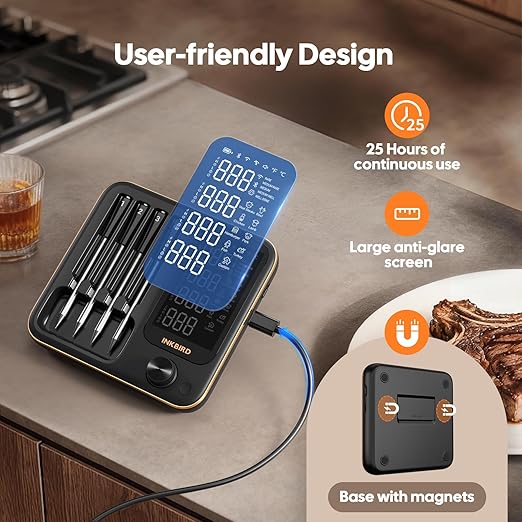 Wireless Meat Thermometer with 4 Probes, Meat Thermometer Digital with Smart App Control, 3-Mode Connectivity WiFi Food Thermometer for Grilling, Smoking, BBQ