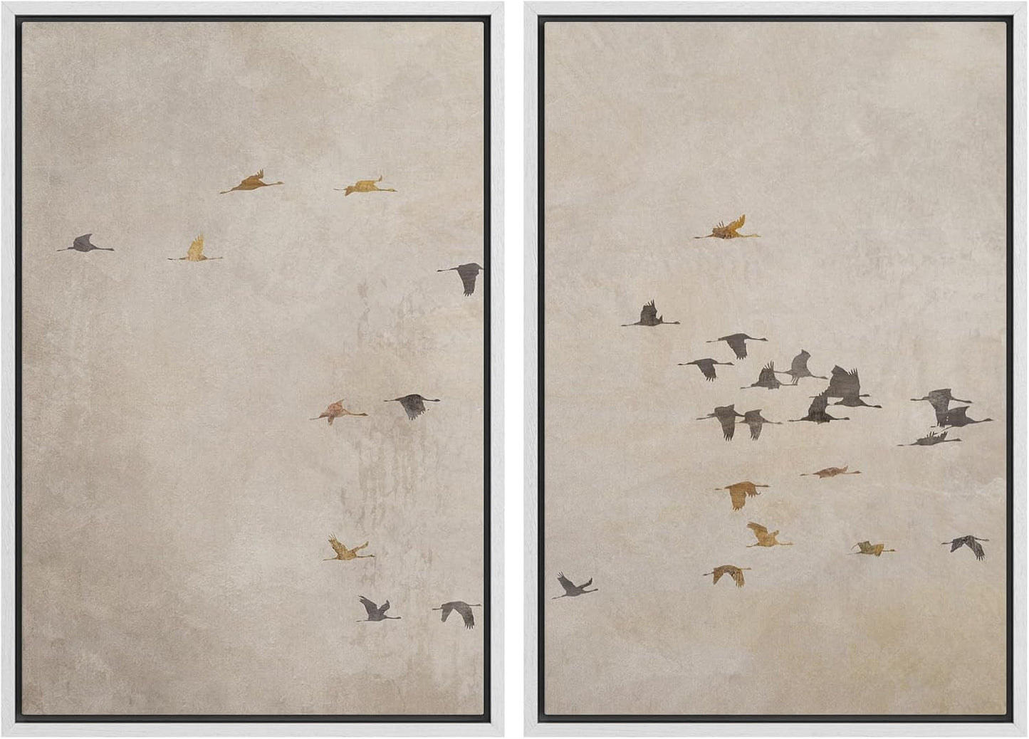 SIGNWIN Framed Canvas Print Wall Art Set Flying Birds Silhouette Minimalist Beige Illustrations Modern Minimal Decorative for Living Room, Bedroom, Office - 16"x24"x2 White