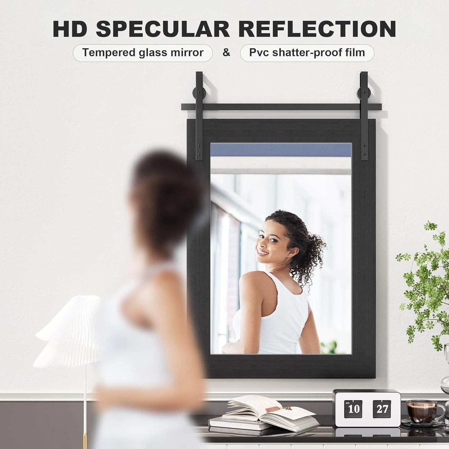 Hasipu Farmhouse Bathroom Mirror, 24"x36" Rustic Wood Framed Wall Mounted Mirror, Black Vintage Vanity Mirror Barn Door Style Decrative Mirrors