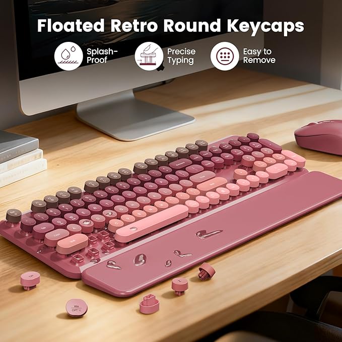 Wireless Keyboard and Mouse Combo, Cute Retro Typewriter Keyboard with Round Keycaps, Full-Size Aesthetic Keyboard with Magnetic Wrist Rest, 2.4GHz USB for Windows/Mac Desktop Laptop (Pink Gradient)