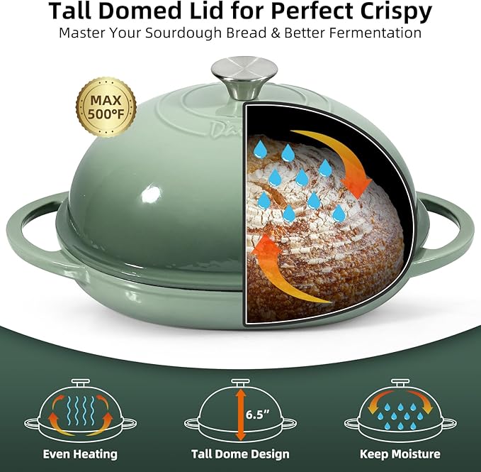 Davivy 6QT Oval Bread Dutch Oven with Silicone Oven Mitts, Enameled Cast Iron Bread Cloche Dutch Oven for Sourdough 6QT, Cast Iron Sourdough Bread Baking Pan with Domed Lid - Sea Salt Green