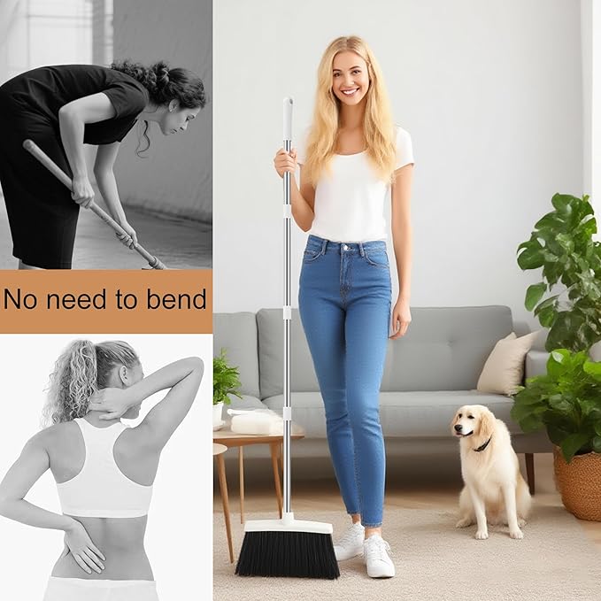 Broom and Dustpan Set, Broom with Dustpan Combo Set for Home 54-in Long Adjustable Handle Dustpan Teeth to Clean Hair for Home Office Kitchen Lobby