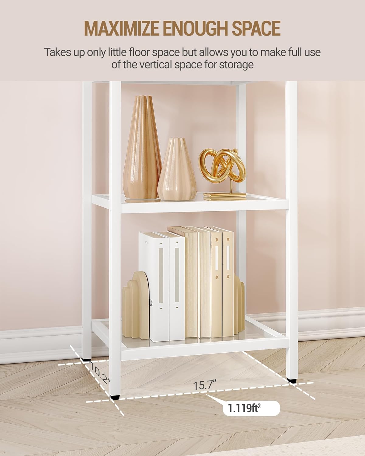 Bookcase Bookshelf, Tempered Glass Bookshelves, Slim Shelving Unit for Bedroom, Bathroom, Home Office, Steel Frame, 5 Tier White BC05099W