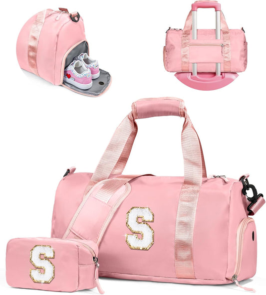 8 Year Old Girl Birthday Gift -Girl Gym Bag with Shoe Compartment, Kid Gymnastics bag, Initial Cheer Bags with Makeup Pouch, Valentines Day Gift for Girls Toddler(Letter R)