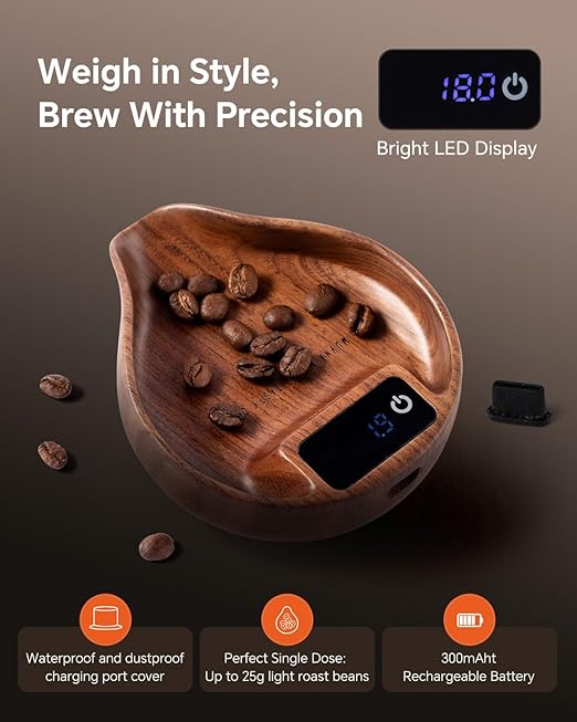 Coffee Bean Dosing Cup with Scale and Spray Bottle Kit - MUVNA Mini Rechargeable 0.1 Precision Single Dosing Tray Walnut Wood with LED Display for Coffee Grinder, Espresso, Tea, Kitchen Spice