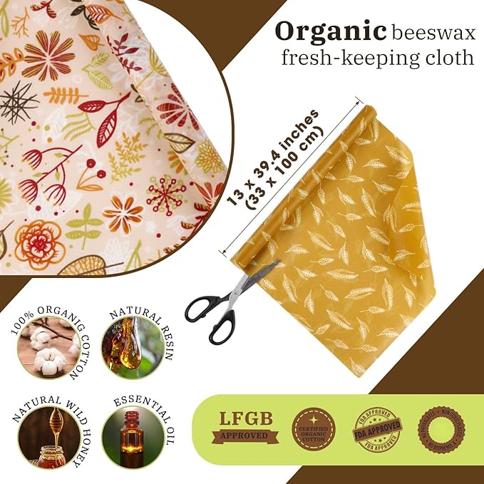 Moukeren 3 Rolls Reusable Beeswax Wrap Roll Bees Wrap "13 x 40" Beeswax Wraps for Food Beeswax Paper Wrappers Cotton Bread Sandwich Wrapper for Kitchen Storage Gifts, 3 Styles(Classic)
