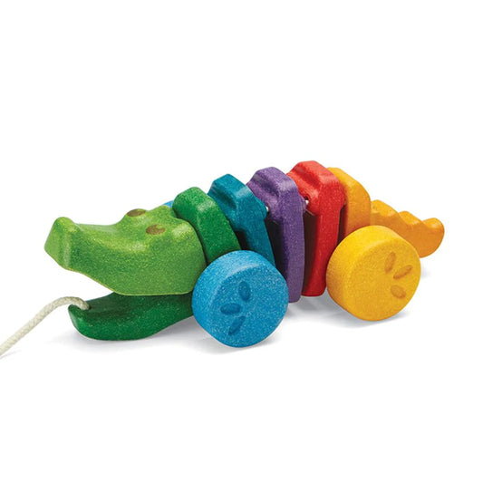 PlanToys® Rainbow Dancing Alligator Pull Toy for Toddlers | Eco-Friendly Wooden Toy with Click-Clack Sound | Walking Toy for Babies