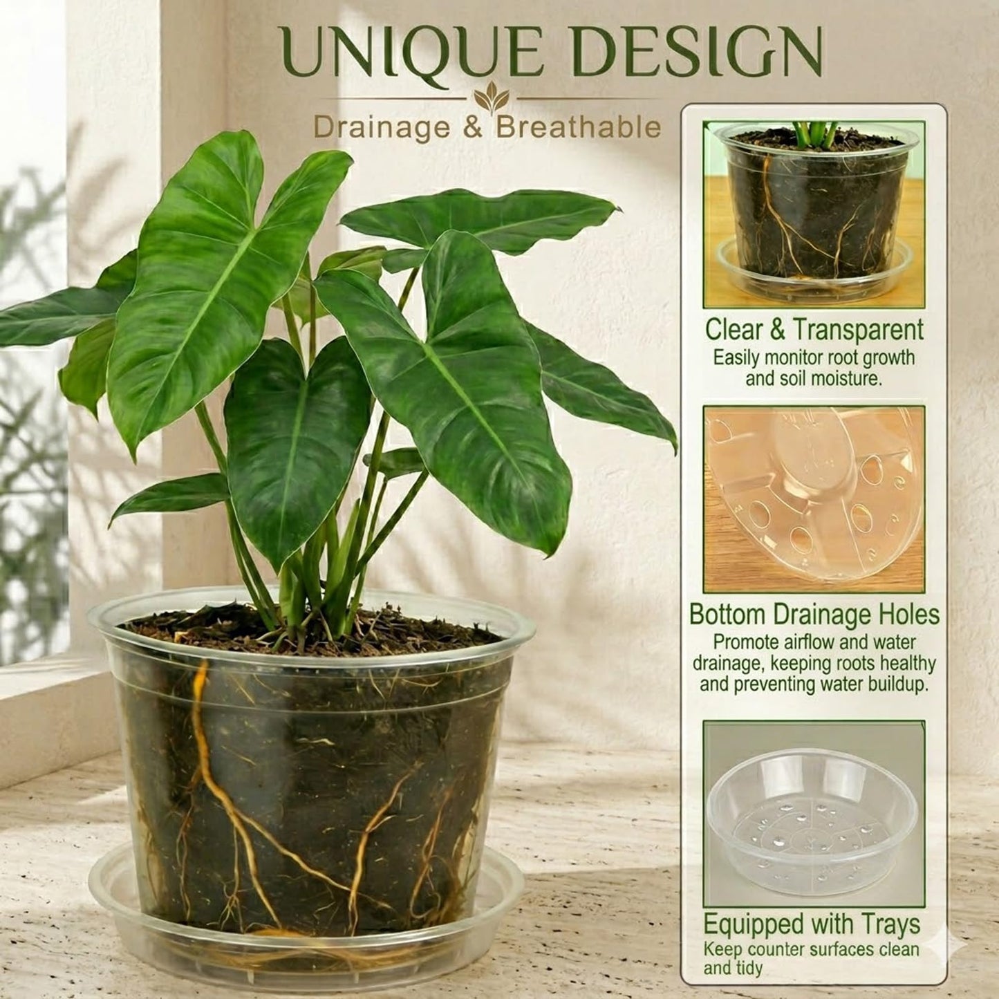 THEIFOXONE 4 Sets 10 Inch Large Clear Nursery Pots with Drainage Holes, Thick Reusable Plastic Plant Pots for Indoor Outdoor Plants, Seedlings, Succulents, Transplanting (10 inch)