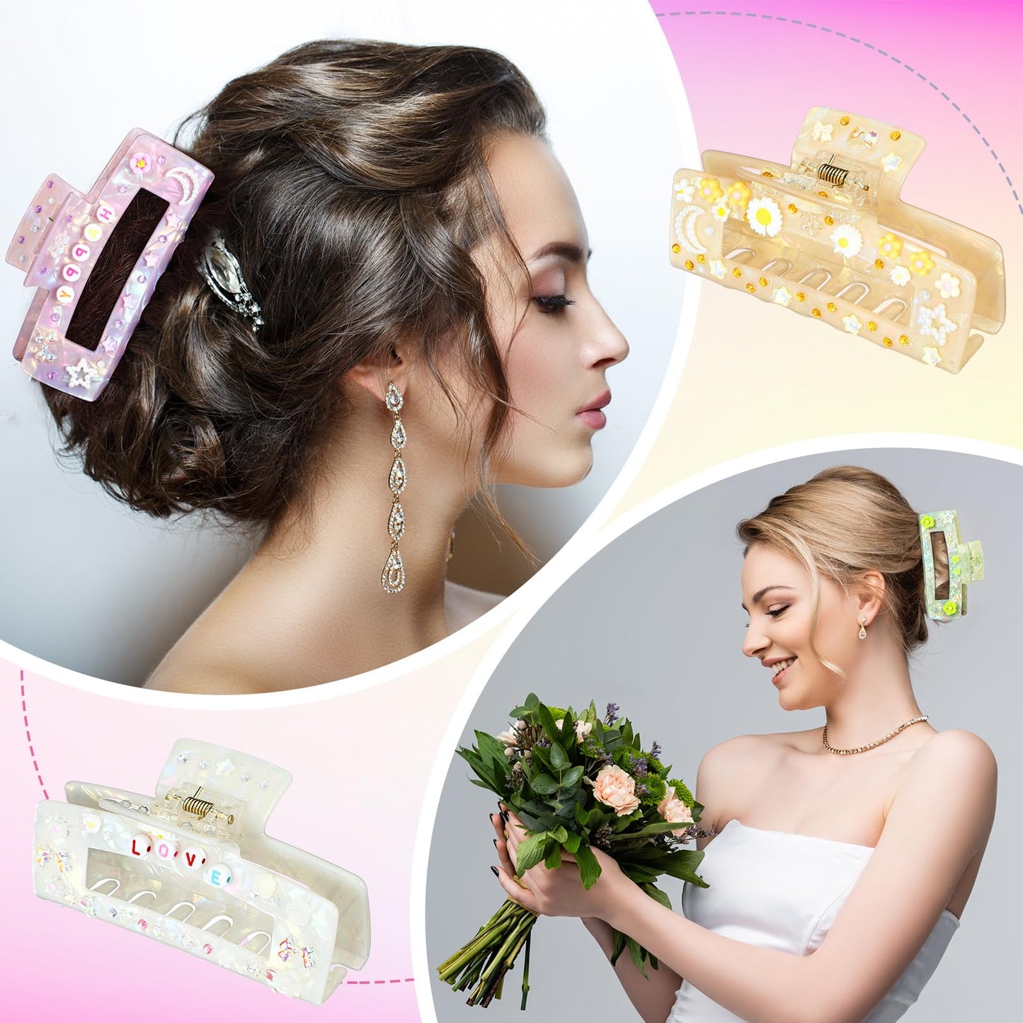 Suncalla 6 Set DIY Hair Claw Clips Kit Acrylic Claw Clip with Resin Rhinestones Pearls Hair Clips with Strong Hold Non-slip Banana Barrettes for Women Party Crafting Night DIY(Rectangle)