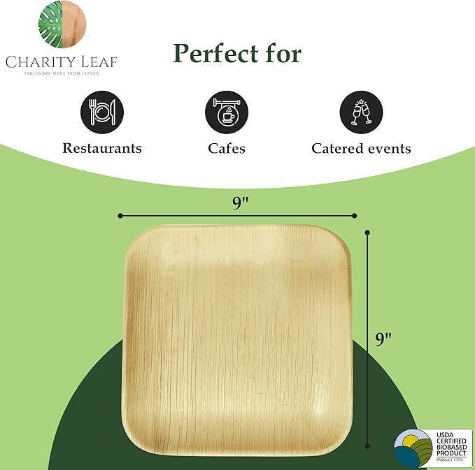 Charity Leaf Disposable Palm Leaf 9" Square Plates (50 pieces) Bamboo Like Serving Platters, Disposable Boards, Eco-Friendly Dinnerware For Weddings, Catering, Events