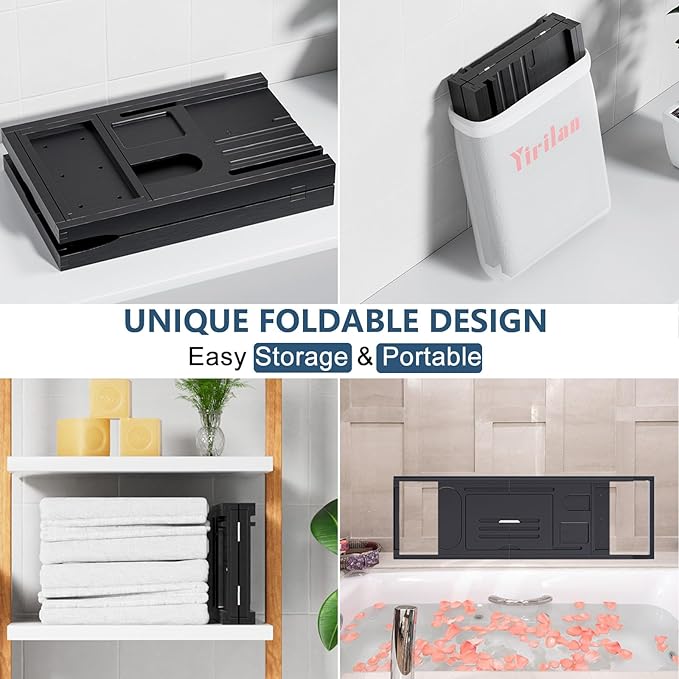 Yirilan Bathtub Tray, Expandable Bath Tray for Tub for Books, Tablets & Wine Glasses for Home Spa, Bathroom Accessories & Gifts