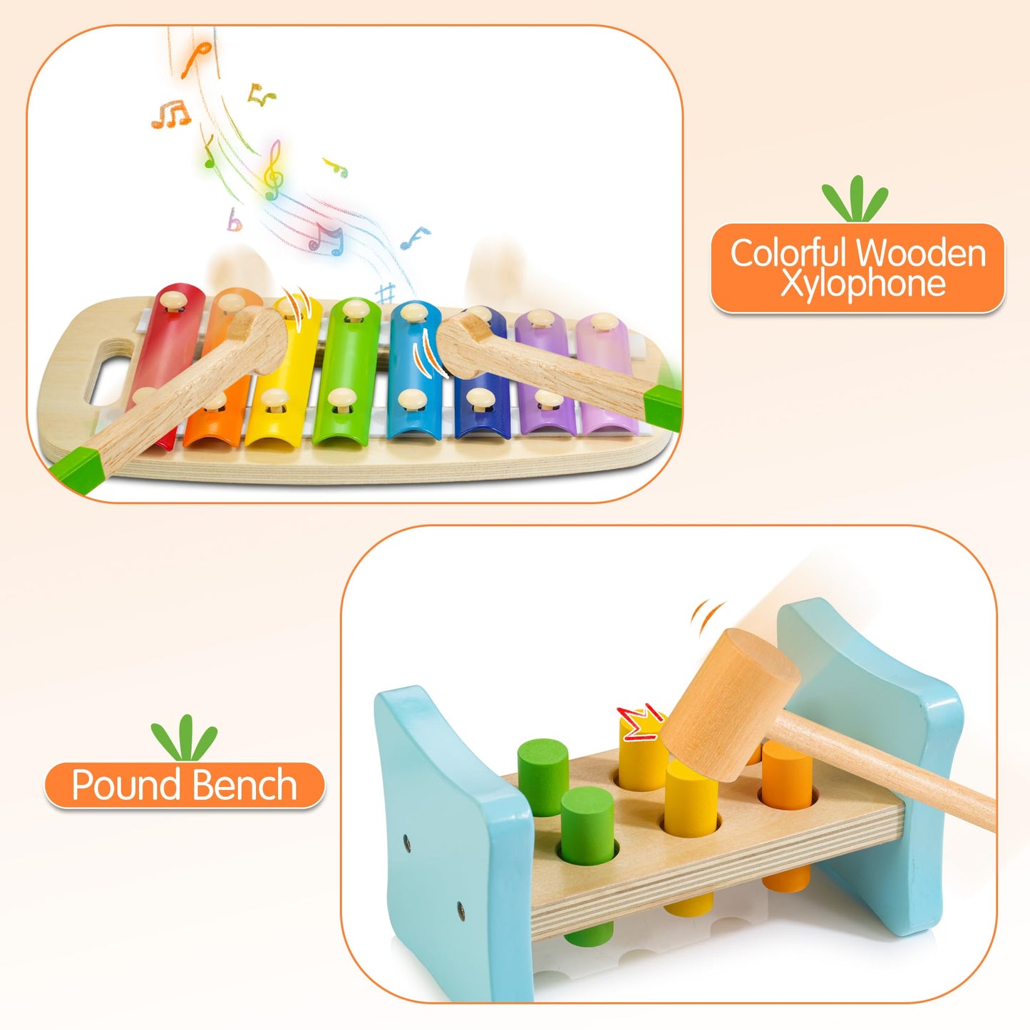 WOODMAM Wooden Montessori Toys for 1+ Year Old, 9 in 1 Learning Educational Toys for Toddler with Educational Box, Xylophone, Pound Bench, Shape Puzzle and More, Baby Toy Gift for 13-18 Months