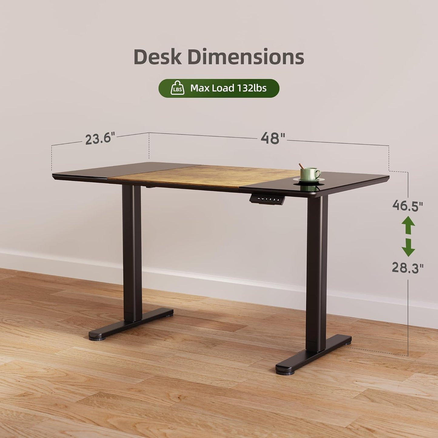 INNOVAR Glass Standing Desk, 48 x 24 Inches Height-Adjustable Desk, Tempered Glass and Wooden Top, Quick Install Home Office Stand Up Desk with 4 Presets, Black Glass and Brown Wood