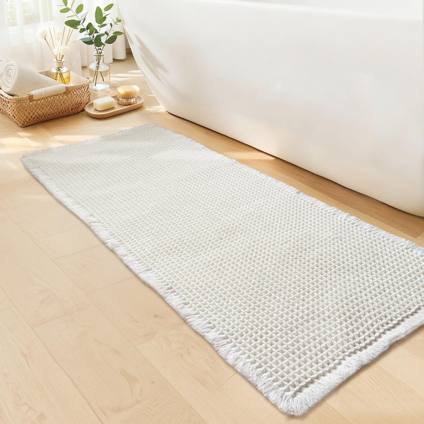 White Long Bathroom Rugs, Waffle Runner Bath Mat Non Slip Washable, Super Absorbent & Quick Dry, Boho Bath Mat Farmhouse Bathroom Decor, 24'' x 72'', White
