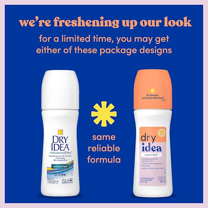 Dry Idea Roll-On Deodorant & Antiperspirant | 2X Longer Sweat Protection | 72-Hour Odor Protection | Unscented & Hypoallergenic for Sensitive Skin, 3.25 oz. (Pack of 2)