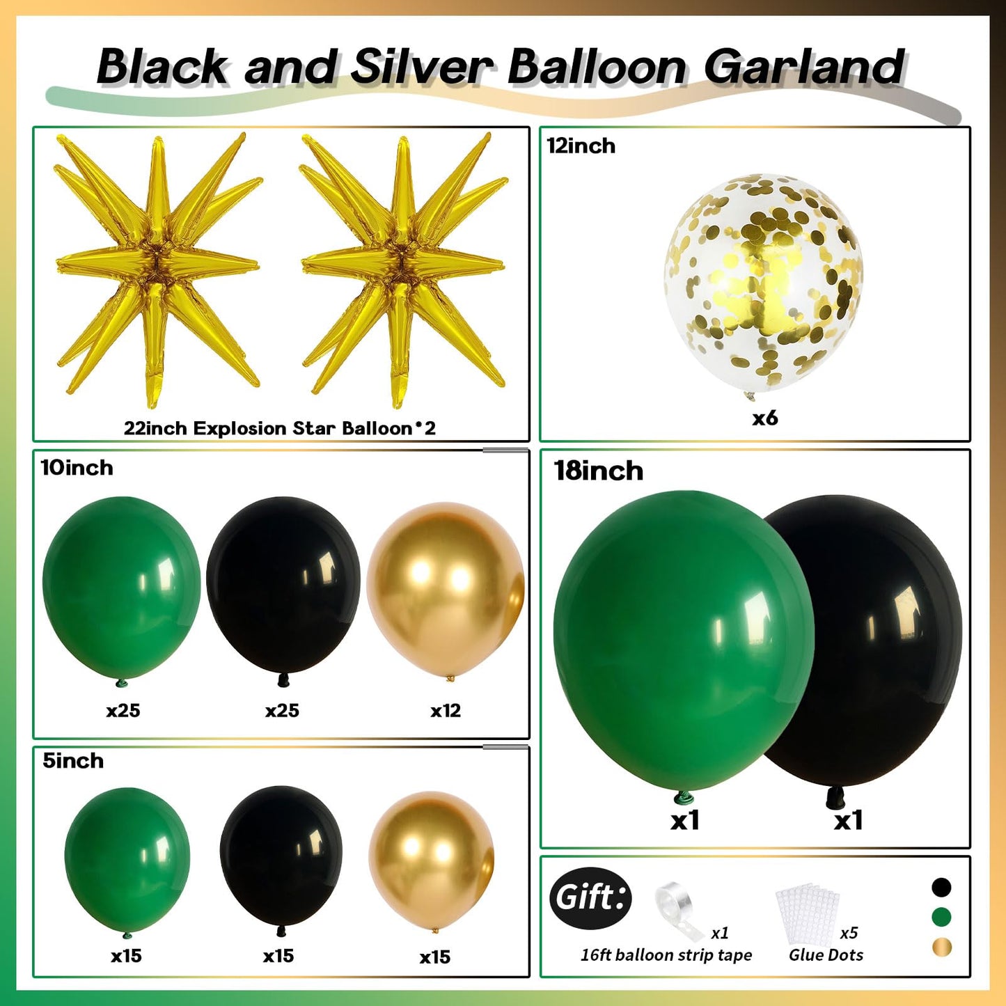 Dark Green and Black Balloon Arch Kit with Explosion Star Balloons, 123pcs Emerald Green and Confetti Gold Balloon Garland for Birthday Anniversary Bachelorette Grad Father's Day Party Decorations