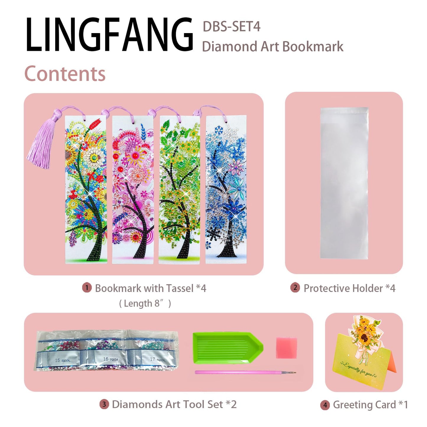 4 Pcs LINGFANG Diamond Painting Bookmark, Leather DIY Book Makers for Adults Book Lovers, Diamond Art Beginners, Small Diamond Art Kits, Paint by Art Crafts Supplies Gift for Girls (Season Tree)