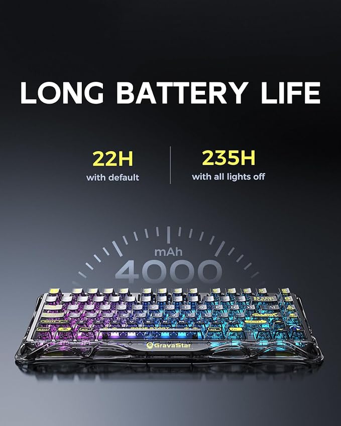 GravaStar Mercury K1 Lite 75% Gaming Keyboard, 2.4GHz/BT/Wired Tri-Mode Wireless Keyboard, Gasket Hot Swappable Mechanical Keyboard, Pre-lubed Linear Switches, RGB Backlit (Transparent Black)