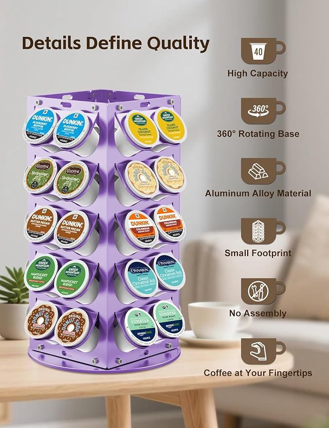 K Cup Holder, Coffee Pod Holder for Keurig – 360° Rotating Aluminum Coffee Organizer for Countertop,Saving Design with Anti-Slip Base for Kitchen or Office,Capacity of 40 Pods (Purple)