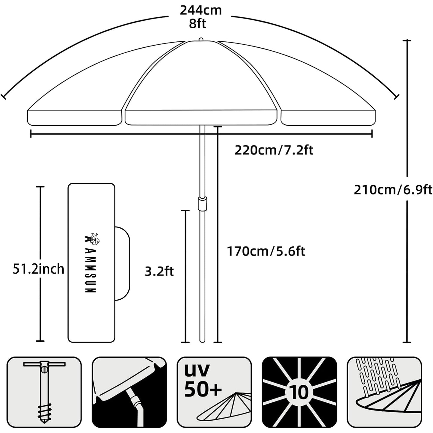 AMMSUN 8 Feet Large Beach Umbrella with Sand Anchor Heavy Duty High Wind Portable Outdoor Umbrellas UPF 50+ Protection Air Vent Tilt Patio Garden Pool Teal