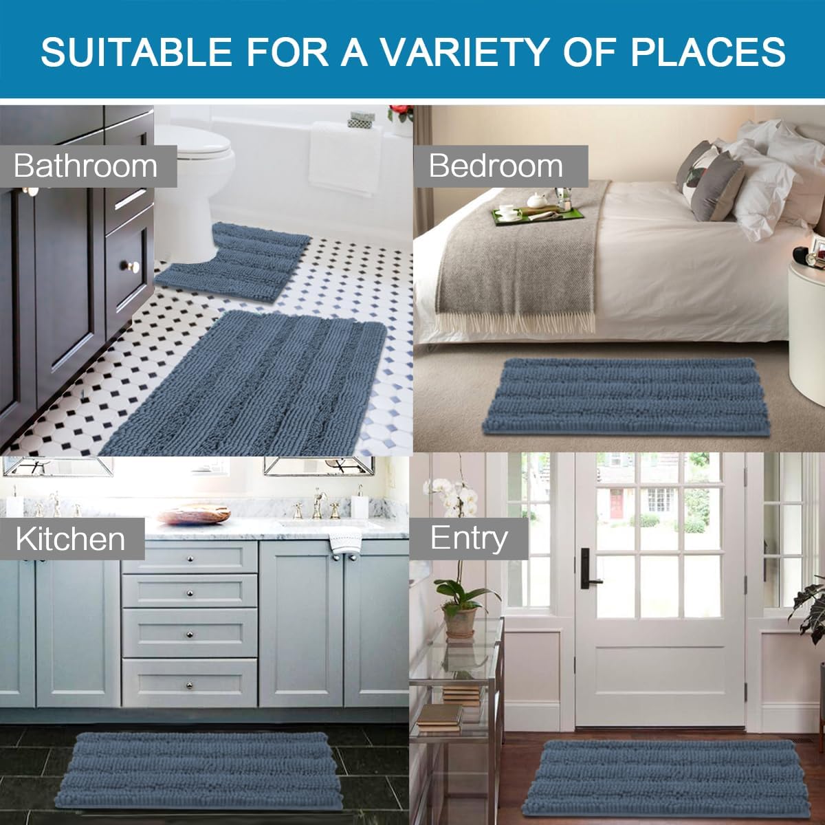 H.VERSAILTEX Bathroom Rug Sets 2 Piece Bath Mats Non Slip Thick Soft Chenille Striped Bath Rug achine Washable Shower Floor Rugs for Tub, Shower and Floor (Blue Indigo, 36"x24" Plus 20"x24" U)