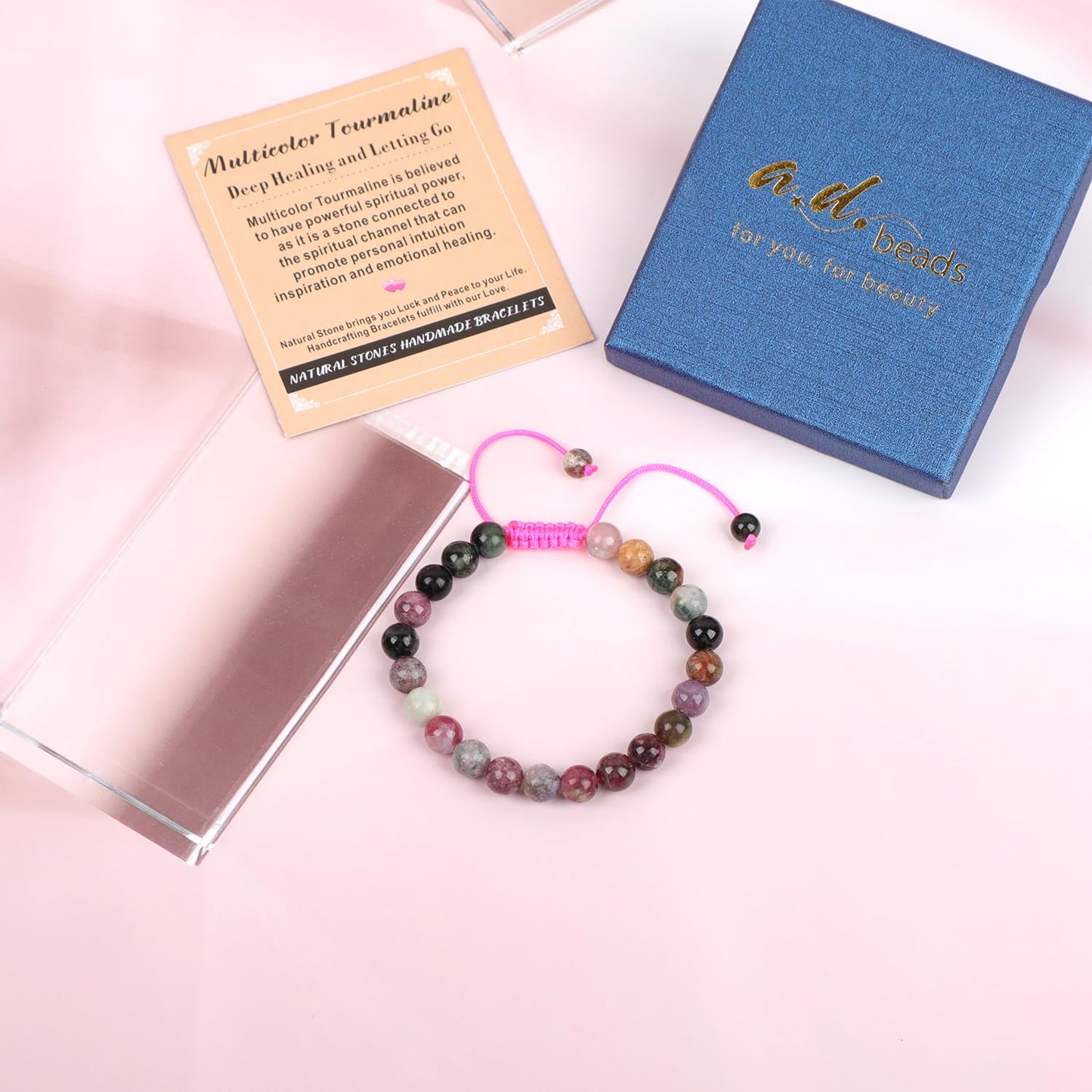 AD Beads 8mm Multicolor Tourmaline Bracelet - Deep healing - Handmade Natural Stone Crystal Bracelet with Adjustable Macrame String - Yoga Healing Power Energy Gifts for Men and Women