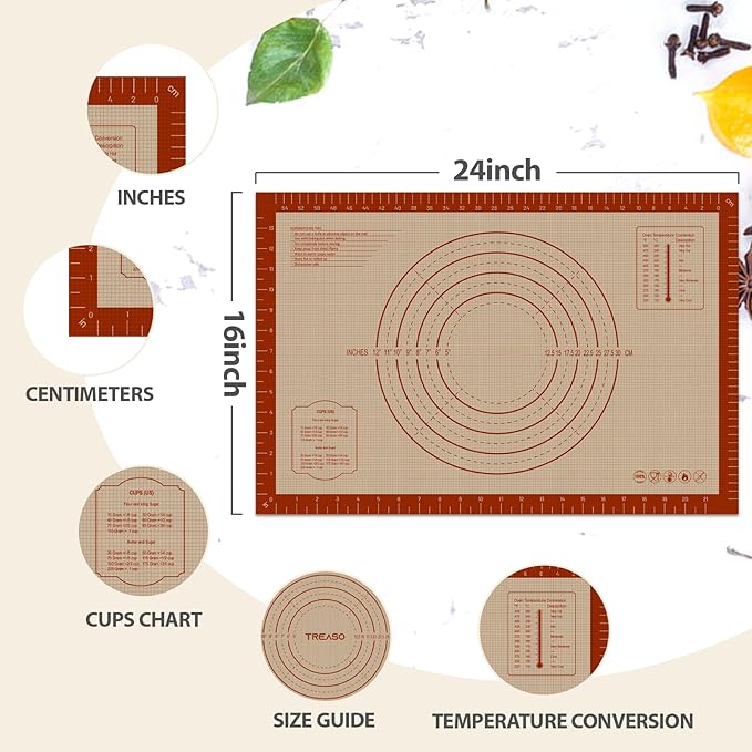 Silicone Baking Mat with Measurements, Extra Large 0.7mm 24" x 16" Pastry Dough Sheet, Pie Crust Rolling sourdough tools Supplies for Making Pizza, Pie, Christmas Cookies, Bread, Non Stick