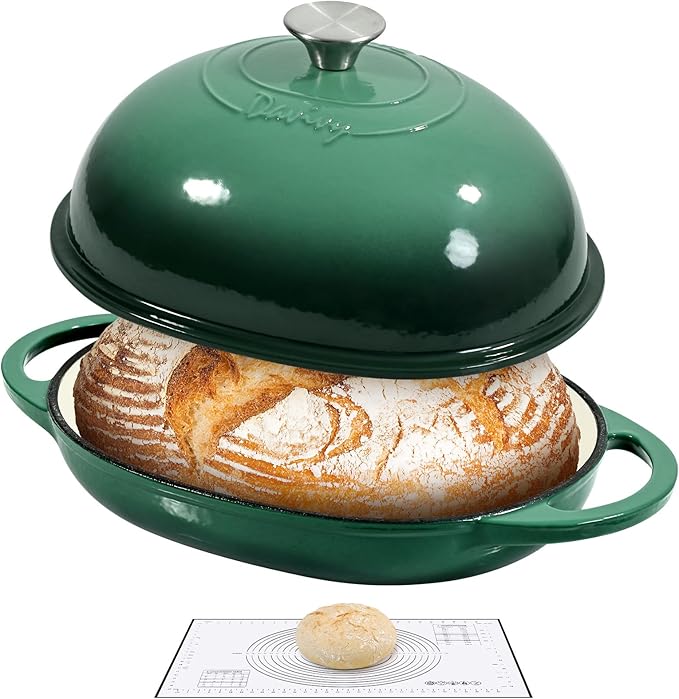 Davivy 6QT Enameled Oval Dutch Oven for Sourdough Bread Baking with Lid, Oval Cast Iron Bread Pan with Silicone Baking Mat, Cast Iron Sourdough Baking Pan - Forest Green