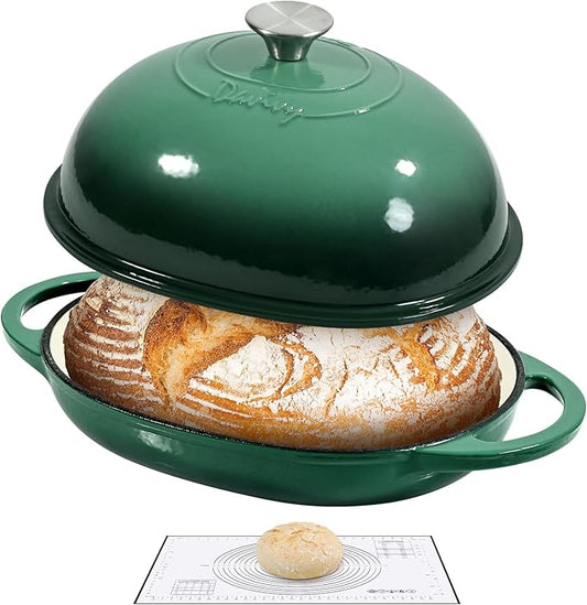 Davivy 6QT Enameled Oval Dutch Oven for Sourdough Bread Baking with Lid, Oval Cast Iron Bread Pan with Silicone Baking Mat, Cast Iron Sourdough Baking Pan - Forest Green