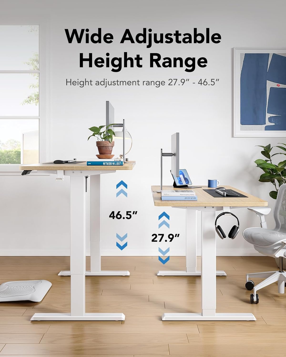 HUANUO 40" x 24" Electric Standing Desk Adjustable Height, 4 Memory Height Settings, Headphone Hook, Cable Manager, Sit Stand Up Desk for Home Office & Computer Workstation, Natural