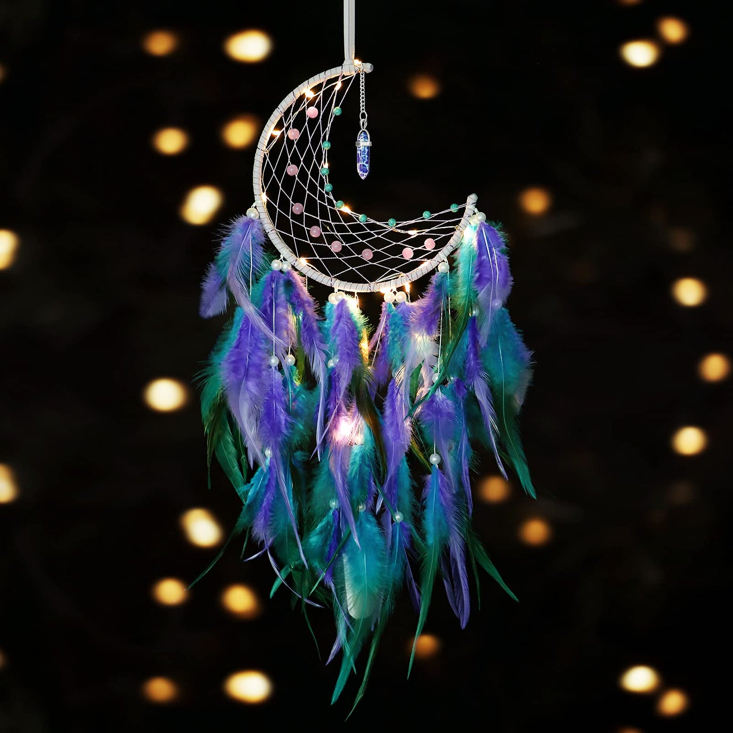 Dremisland Moon Dream Catcher with Fairy Lights-Handmade Feather Lucky Turquoise Pendant Beads Wall Hanging Ornament for Kids Bedroom Home Decoration,Art Craft Gift. (Blue&Purple)
