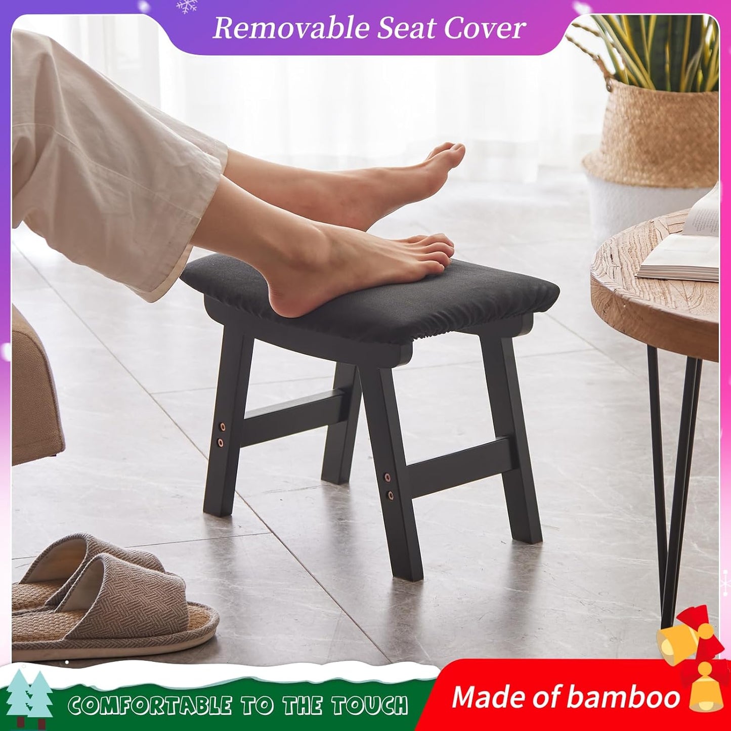 Foot Stool,Ottoman,Bamboo Small Sofa Foot Rest Under Desk,Extra Seating for Living Room, Bedroom and Kitchen (Black Stool Legs - Black Surface)