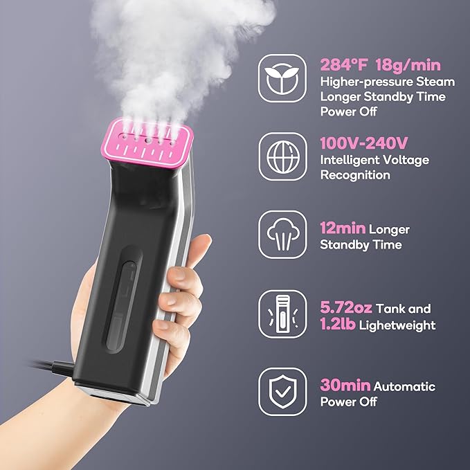 Travel steamer for clothes,100V-240V dual voltage steamer & iron 2 in 1,integrated 170ml tank 25s fast heat-up,1.2lbs portable fabric iron,handheld steaming wrinkles remover for garments(Panda colors)
